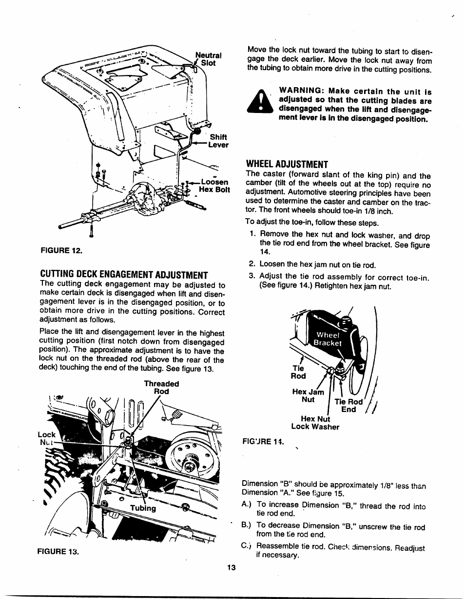 Cutting deck engagement adjustment, Wheel adjustment | Bolens TMO-3394704 User Manual | Page 13 / 36