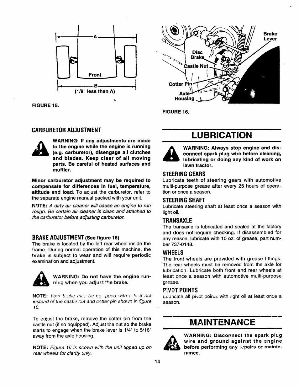 Carburetor adjustment, Brake adjustment (see figure 16), Lubrication | Steering gears, Steering shaft, Transaxle, Wheels, Pivot pdints, Maintenance, Lubrication maintenance | Bolens TMO-3394704 User Manual | Page 14 / 36