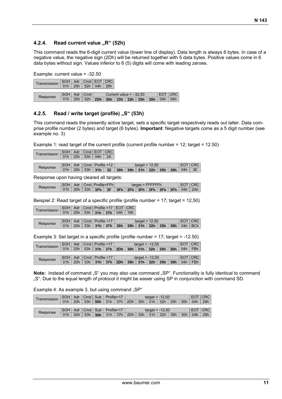 Read current value „r“ (52h), Read / write target (profile) „s“ (53h), N 143 | Response upon having cleared all targets | Baumer N 143 User Manual | Page 11 / 30