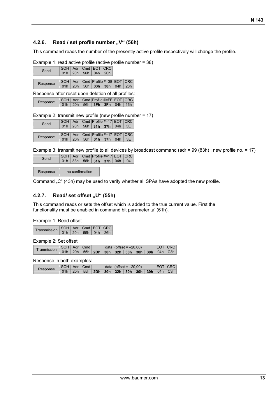 Read / set profile number „v“ (56h), Read/ set offset „u“ (55h), N 143 | Response after reset upon deletion of all profiles, Example 2: set offset, Response in both examples | Baumer N 143 User Manual | Page 13 / 30