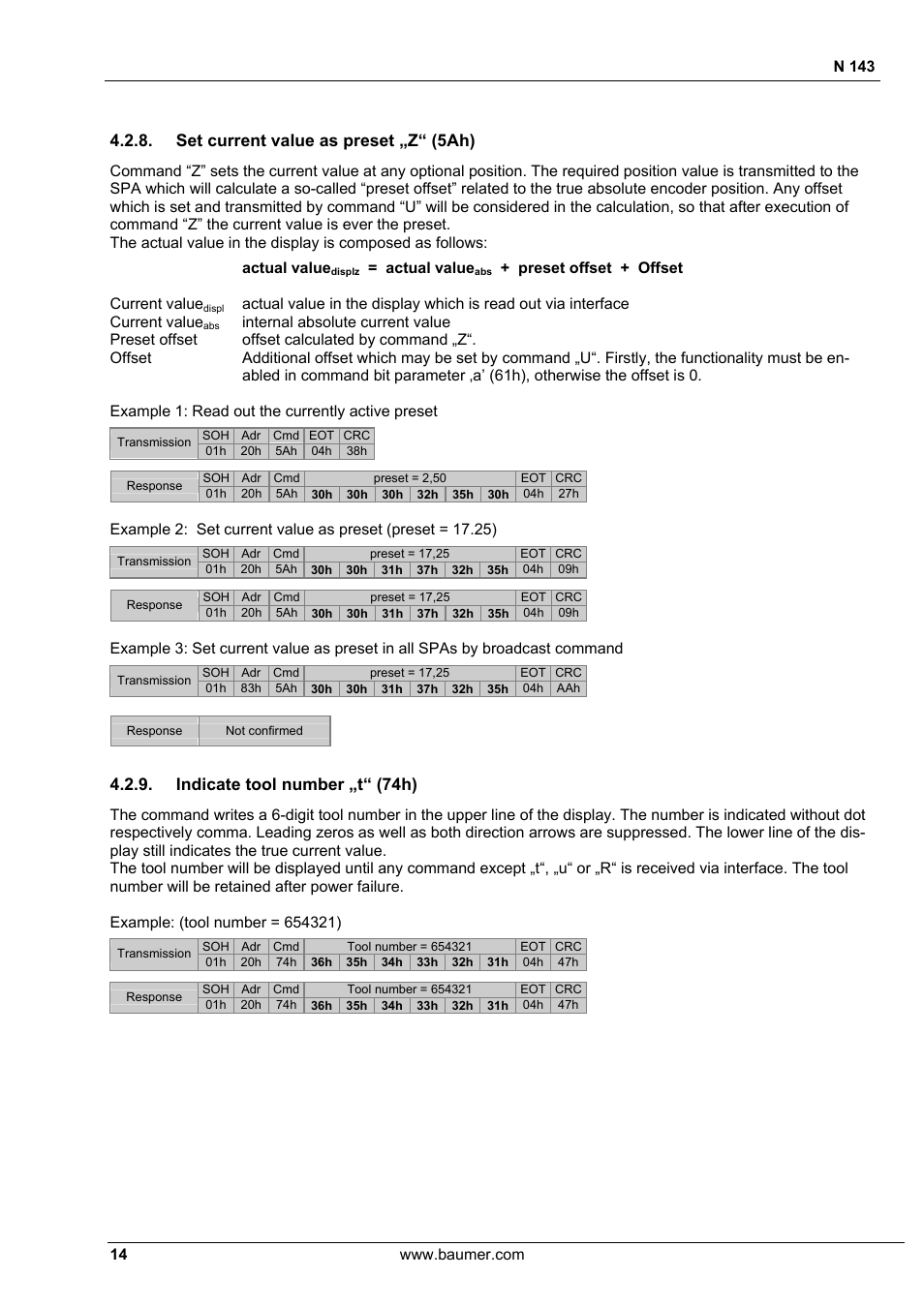 Set current value as preset „z“ (5ah), Indicate tool number „t“ (74h), N 143 | Actual value, Preset offset + offset current value | Baumer N 143 User Manual | Page 14 / 30