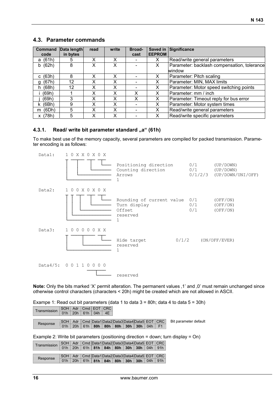 Parameter commands | Baumer N 143 User Manual | Page 16 / 30