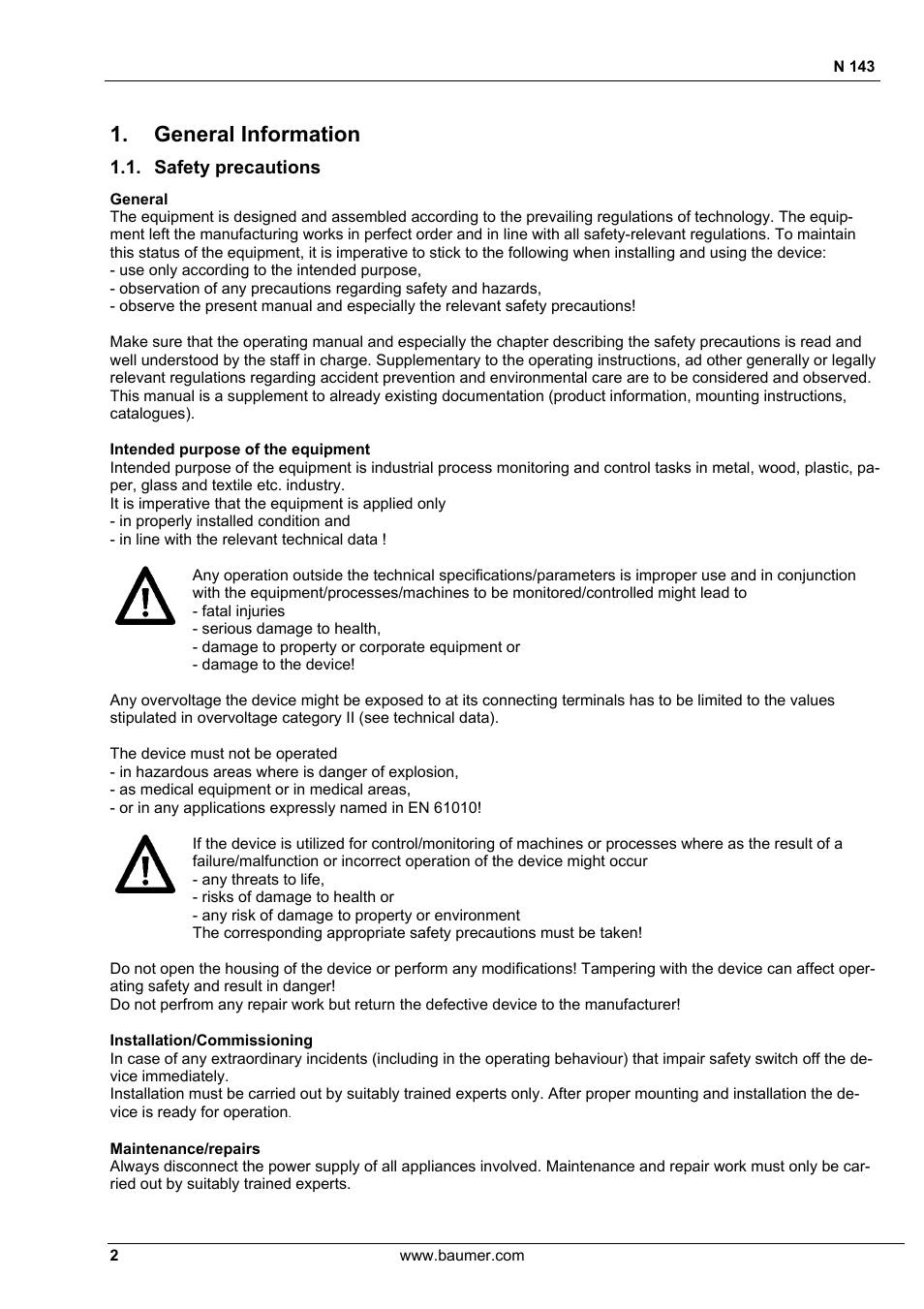 General information, Safety precautions | Baumer N 143 User Manual | Page 2 / 30