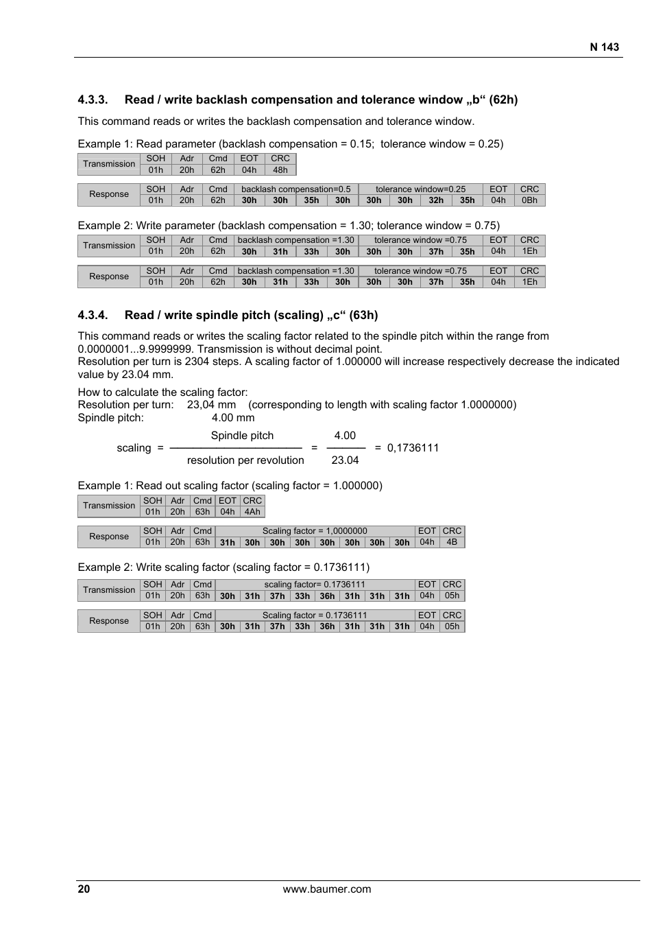 Read / write spindle pitch (scaling) „c“ (63h), N 143 | Baumer N 143 User Manual | Page 20 / 30