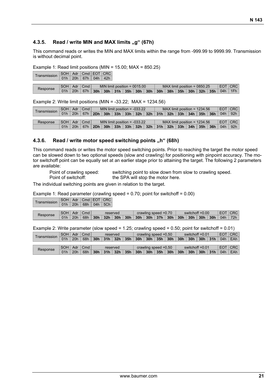 Read / write min and max limits „g“ (67h), N 143 | Baumer N 143 User Manual | Page 21 / 30