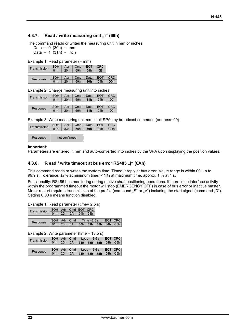 Read / write measuring unit „i“ (69h), R ead / write timeout at bus error rs485 „j“ (6ah), N 143 | Example 2: change measuring unit into inches, Example 2: write parameter (time = 13.5 s) | Baumer N 143 User Manual | Page 22 / 30