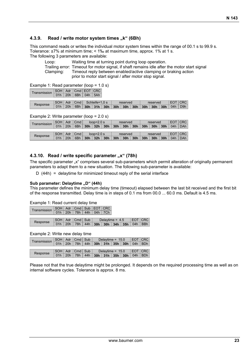 Read / write motor system times „k“ (6bh), Read / write specific parameter „x“ (78h), N 143 | Example 1: read parameter (loop = 1.0 s), Example 2: write parameter (loop = 2.0 s), Example 2: write new delay time | Baumer N 143 User Manual | Page 23 / 30