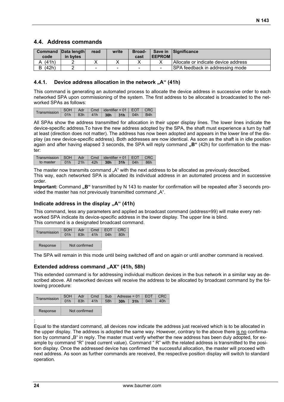 Address commands, Device address allocation in the network „a“ (41h), Indicate address in the display „a“ (41h) | Extended address command „ax“ (41h, 58h), N 143 | Baumer N 143 User Manual | Page 24 / 30