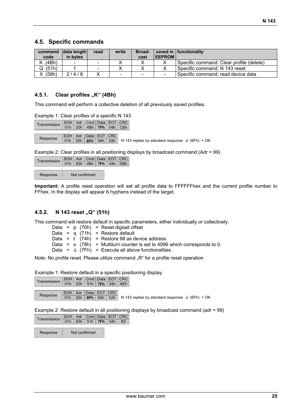 Specific commands, Clear profiles „k“ (4bh) | Baumer N 143 User Manual | Page 25 / 30