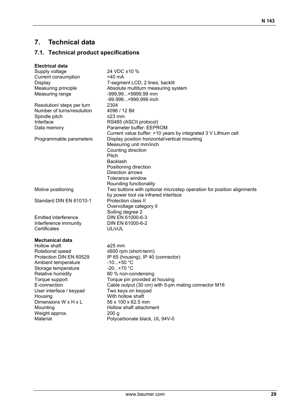 Technical data | Baumer N 143 User Manual | Page 29 / 30
