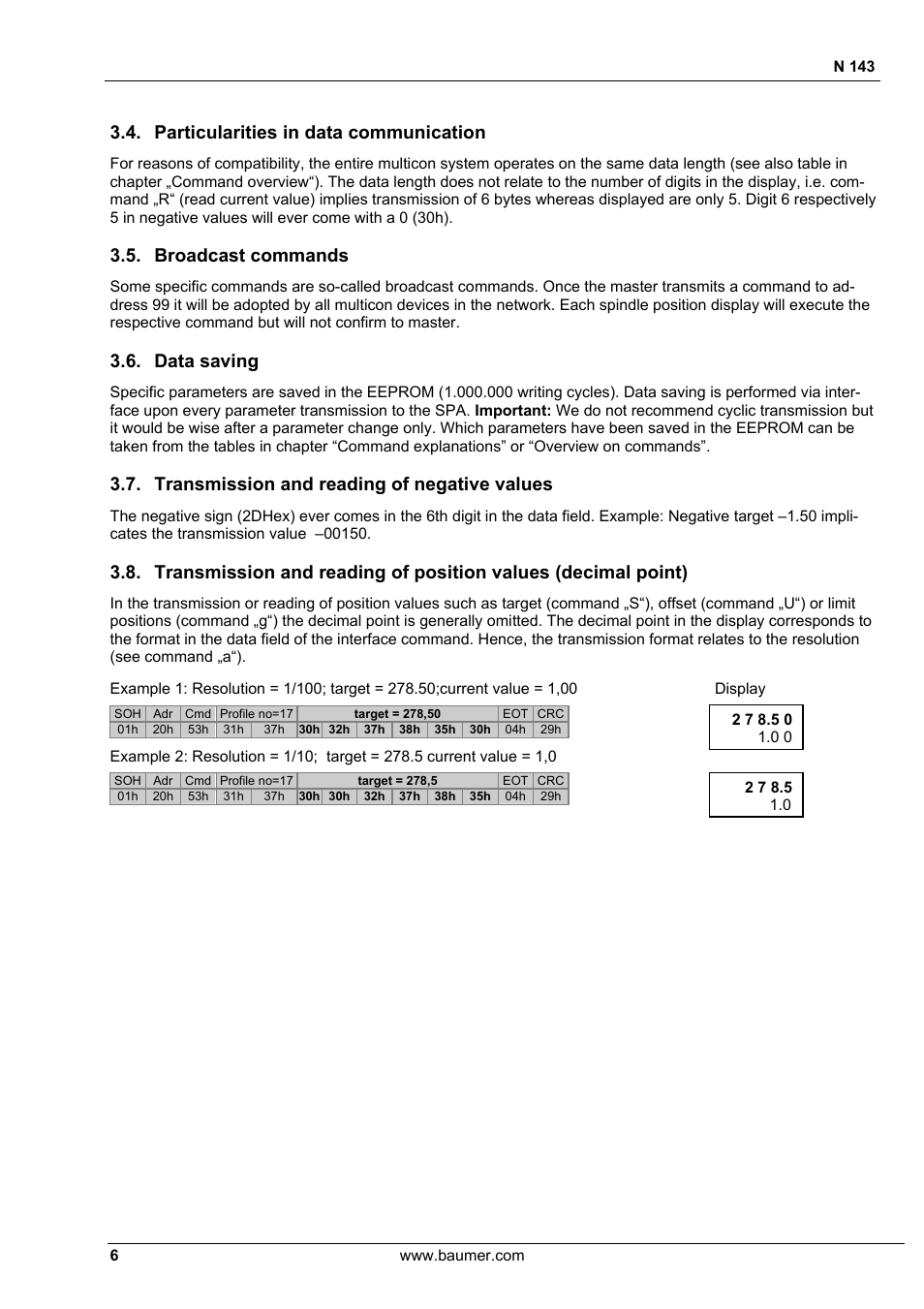 Particularities in data communication, Broadcast commands, Data saving | Transmission and reading of negative values | Baumer N 143 User Manual | Page 6 / 30