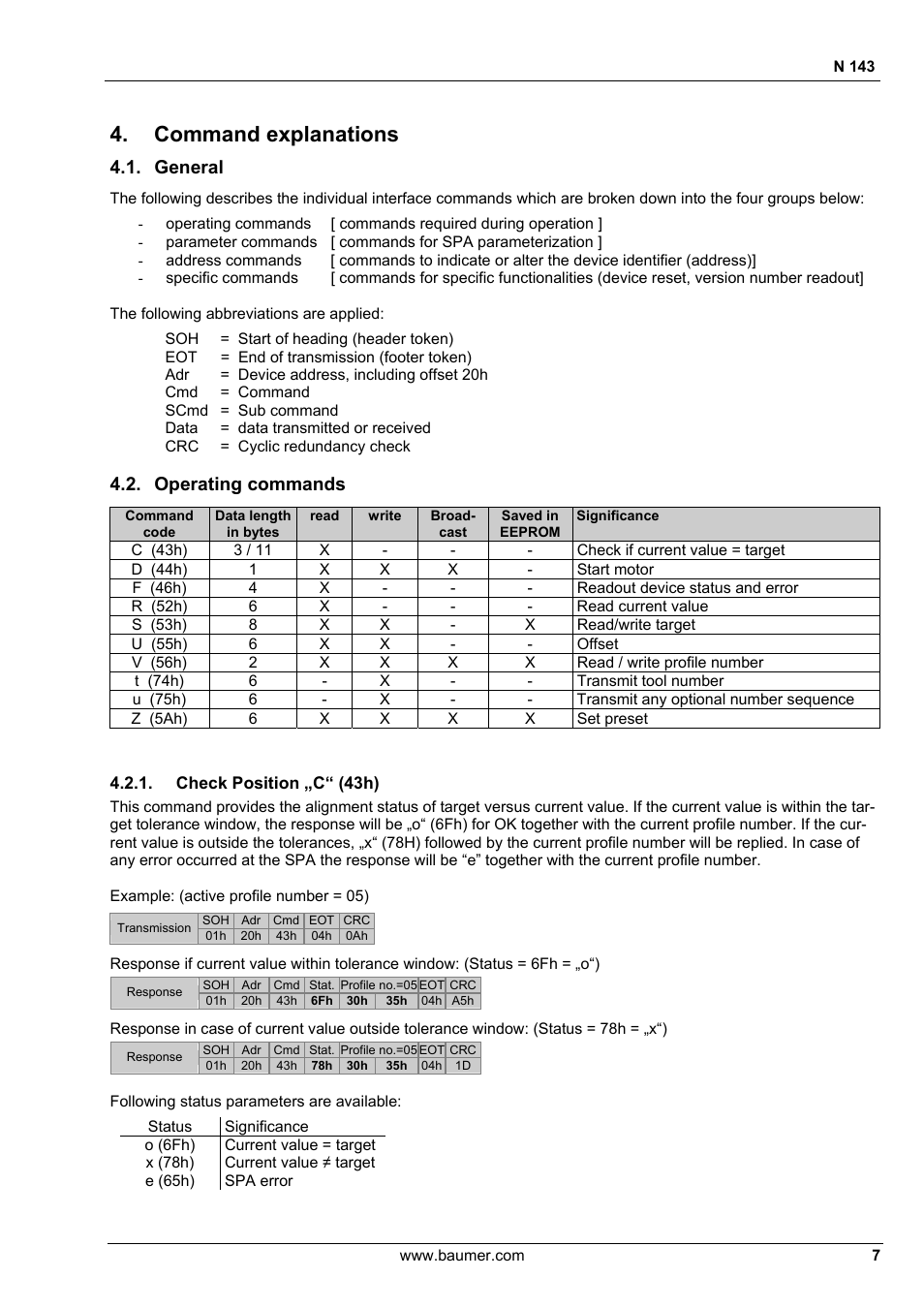 Command explanations, General, Operating commands | Baumer N 143 User Manual | Page 7 / 30