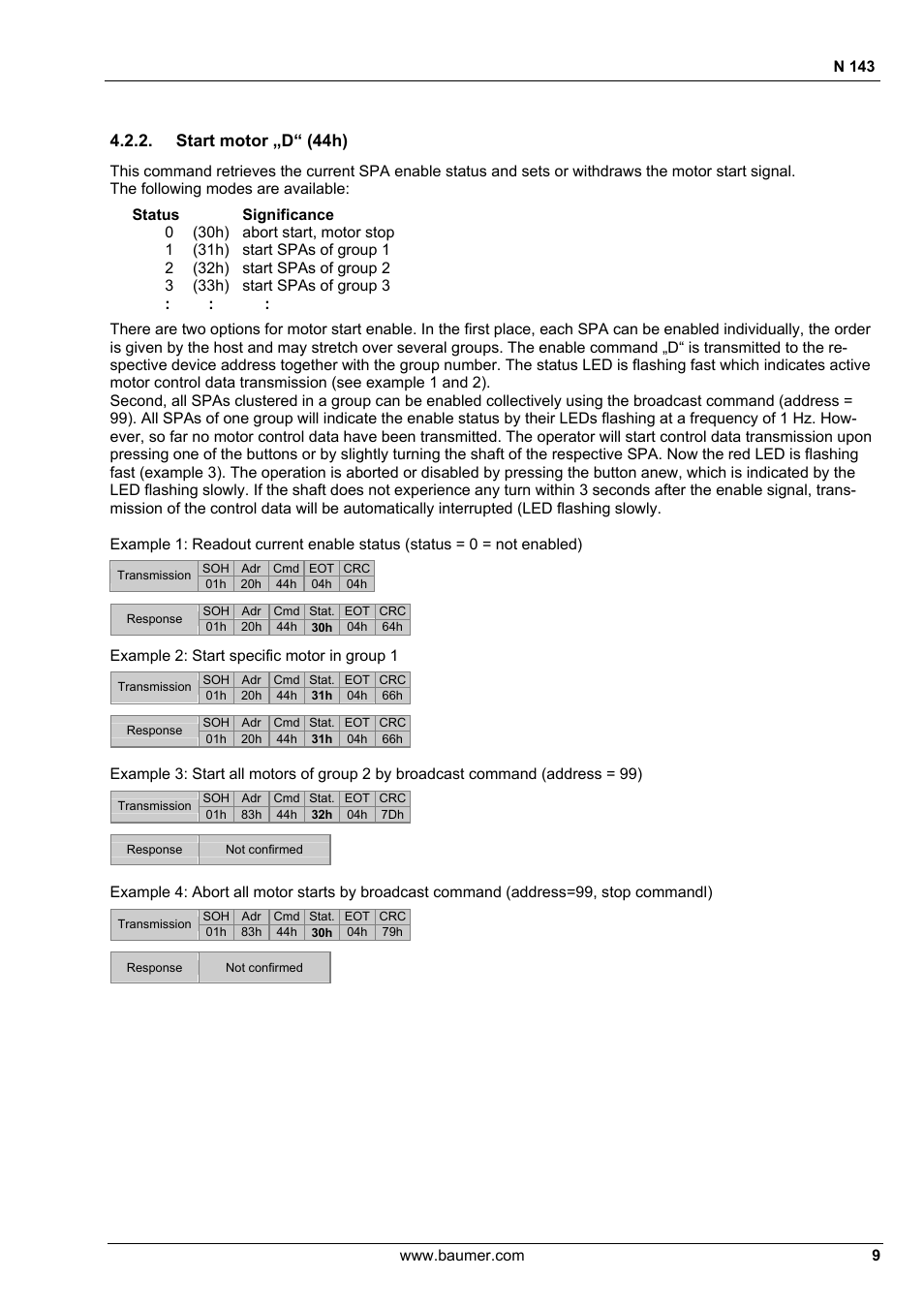 Start motor „d“ (44h), N 143, Example 2: start specific motor in group 1 | Baumer N 143 User Manual | Page 9 / 30