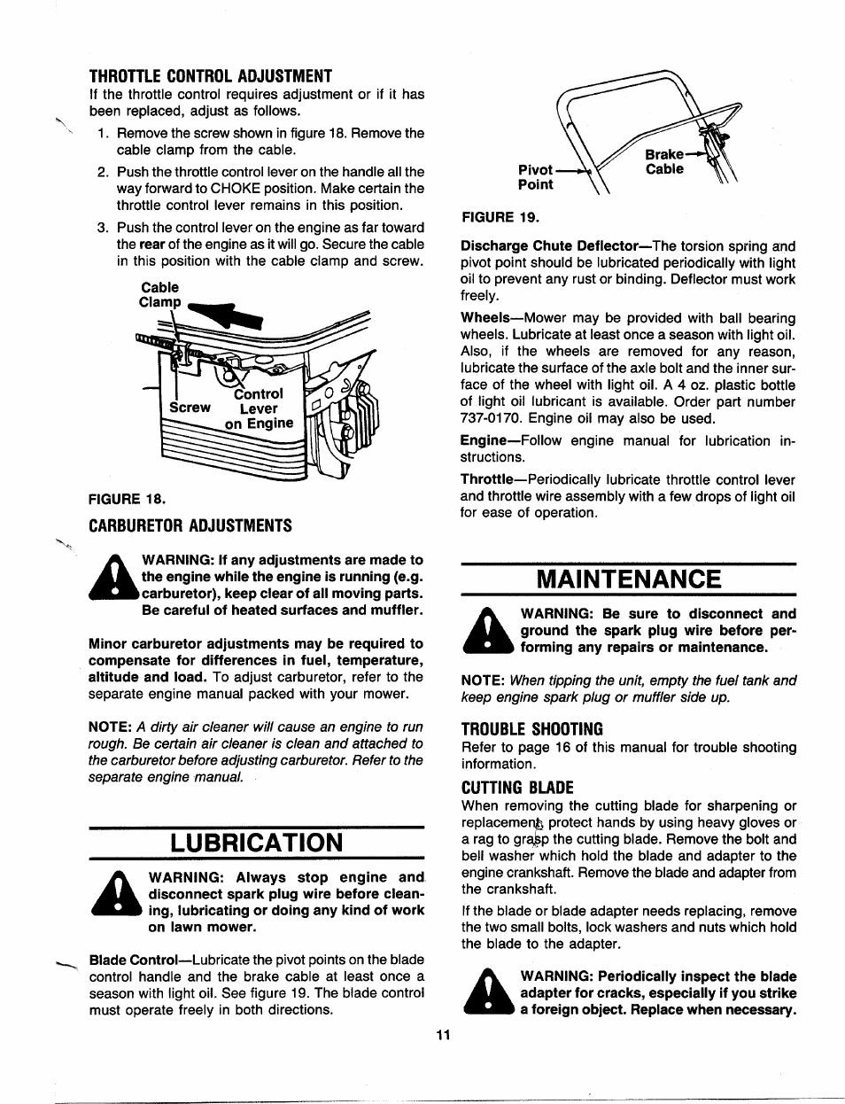 Throhle control adjustment, Lubrication, Pivot | Figure 19, Maintenance, Trouble shooting, Cutting blade | Bolens 111-518R000 User Manual | Page 11 / 16