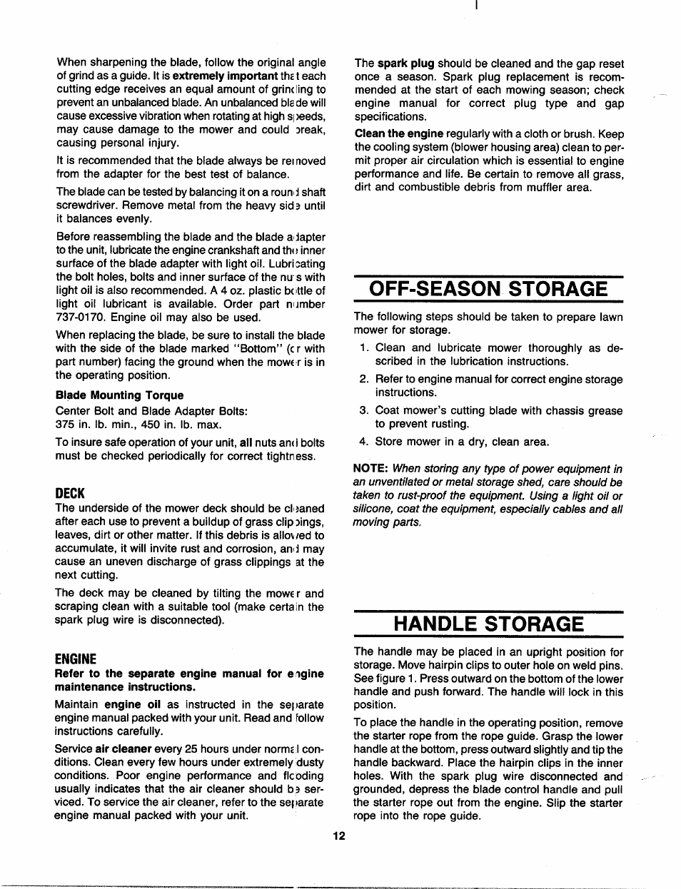 Deck, Engine, Off-season storage | Handle storage | Bolens 111-518R000 User Manual | Page 12 / 16