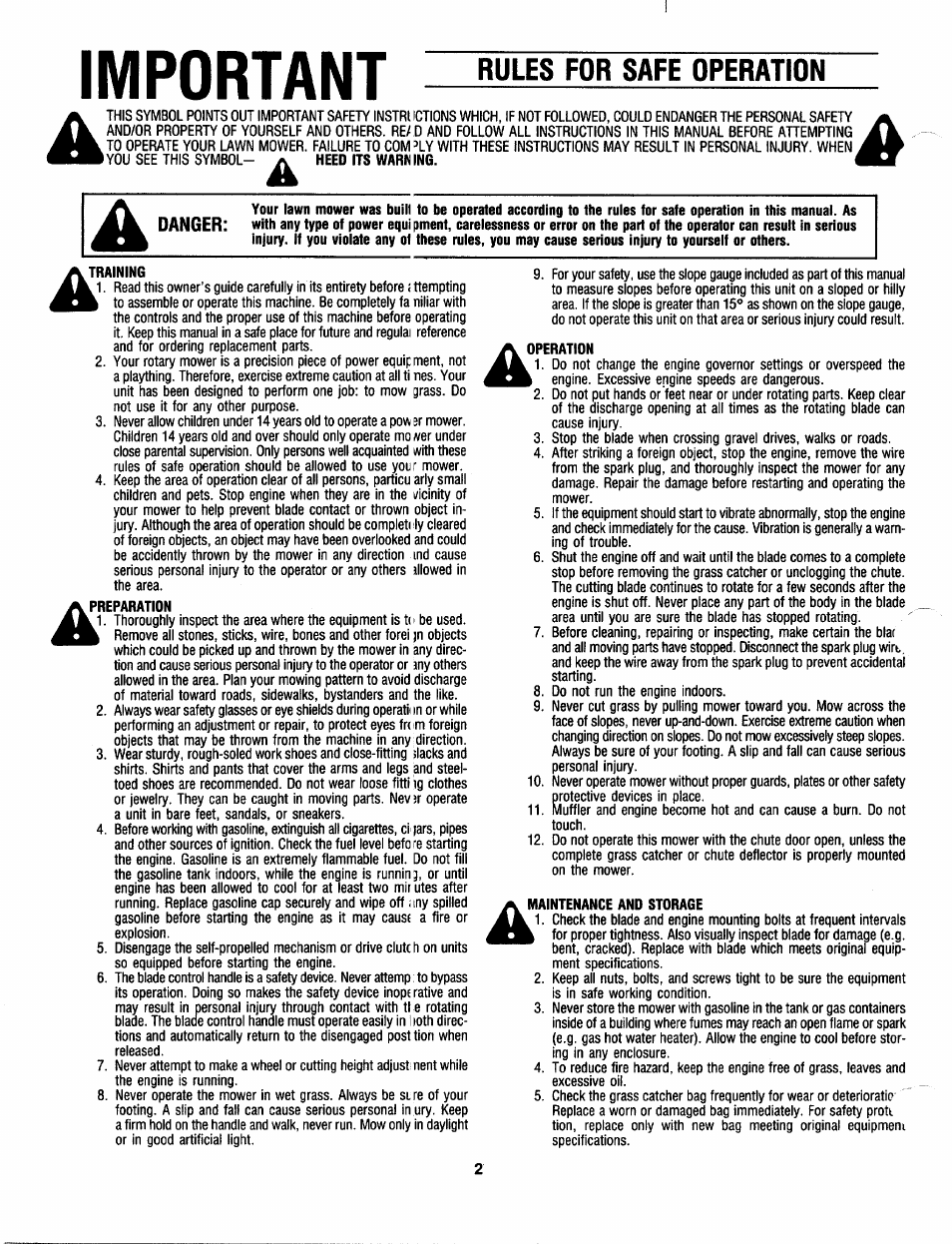 Training, Preparation, Operation | Maintenance and storage, Important, Rules for safe operation | Bolens 111-518R000 User Manual | Page 2 / 16