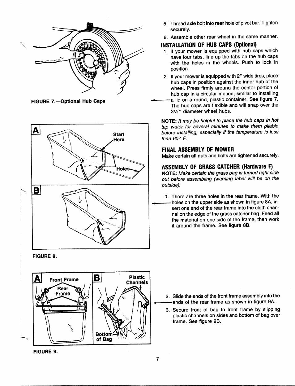 Installation of hub caps (optional), Final assembly of mower, Assembly of grass catcher (hardware f) | Bolens 111-518R000 User Manual | Page 7 / 16