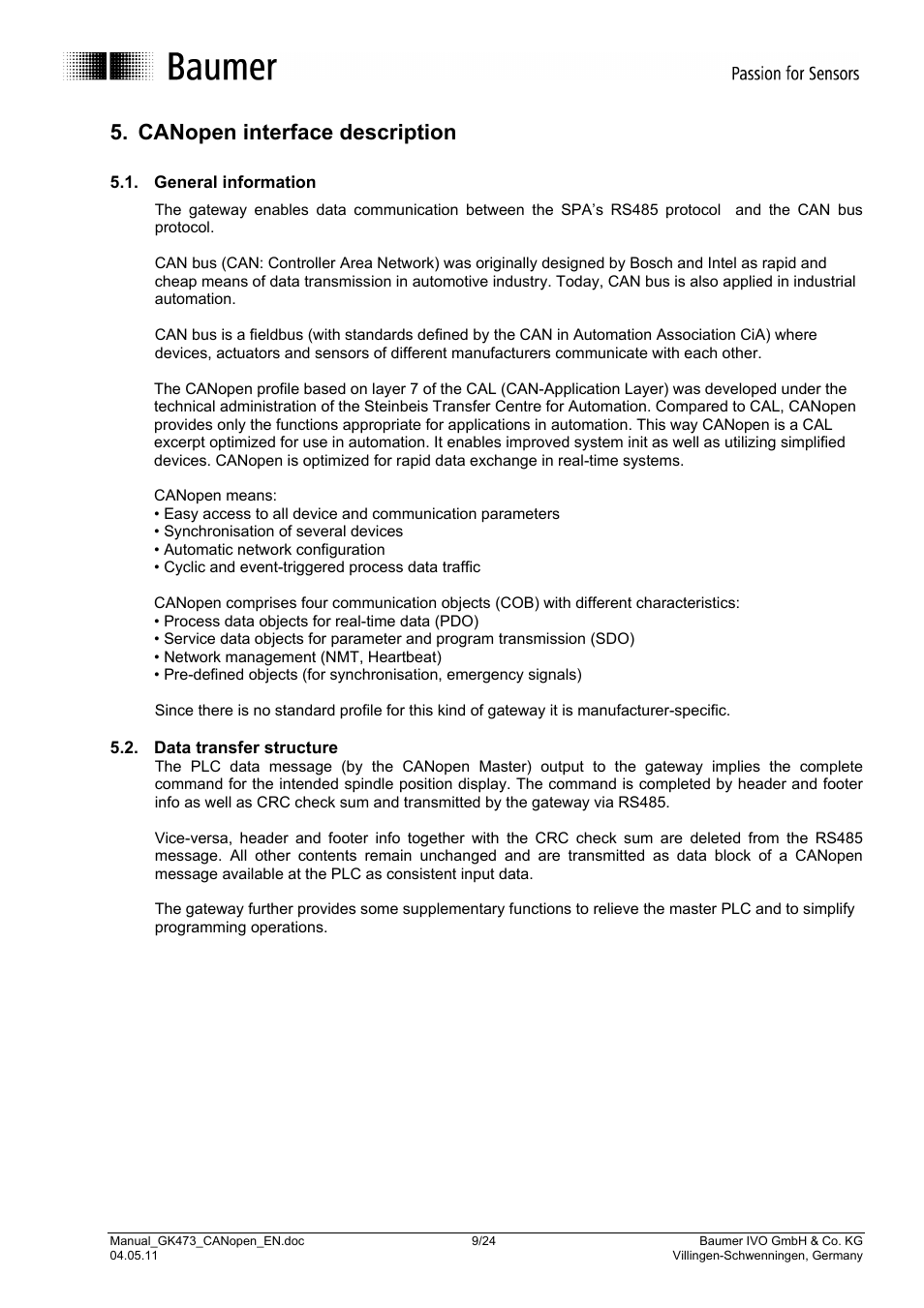 Canopen interface description | Baumer GK473 User Manual | Page 9 / 24