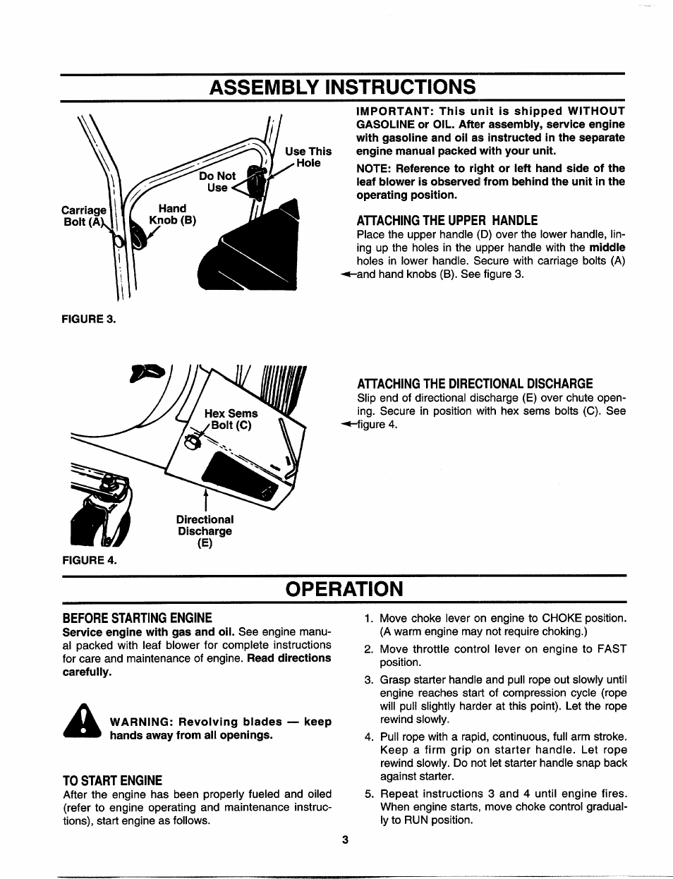 Assembly instructions, Attaching the upper handle, Ahaching the directional discharge | Operation, To start engine | Bolens 692 and 693 User Manual | Page 3 / 6