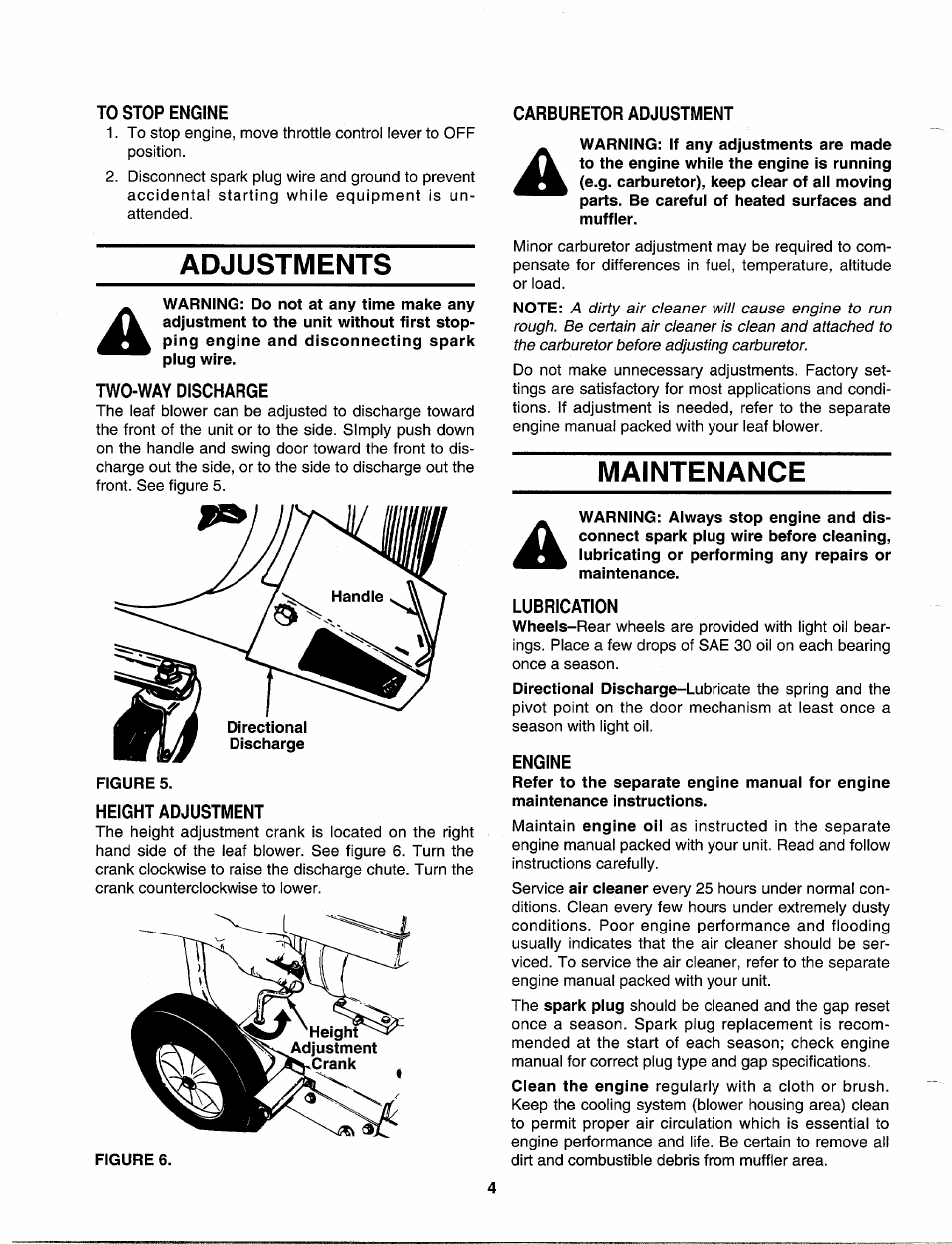 To stop engine, Adjustments, Carburetor adjustment | Two-way discharge, Height adjustment, Maintenance, Lubrication, Engine | Bolens 692 and 693 User Manual | Page 4 / 6