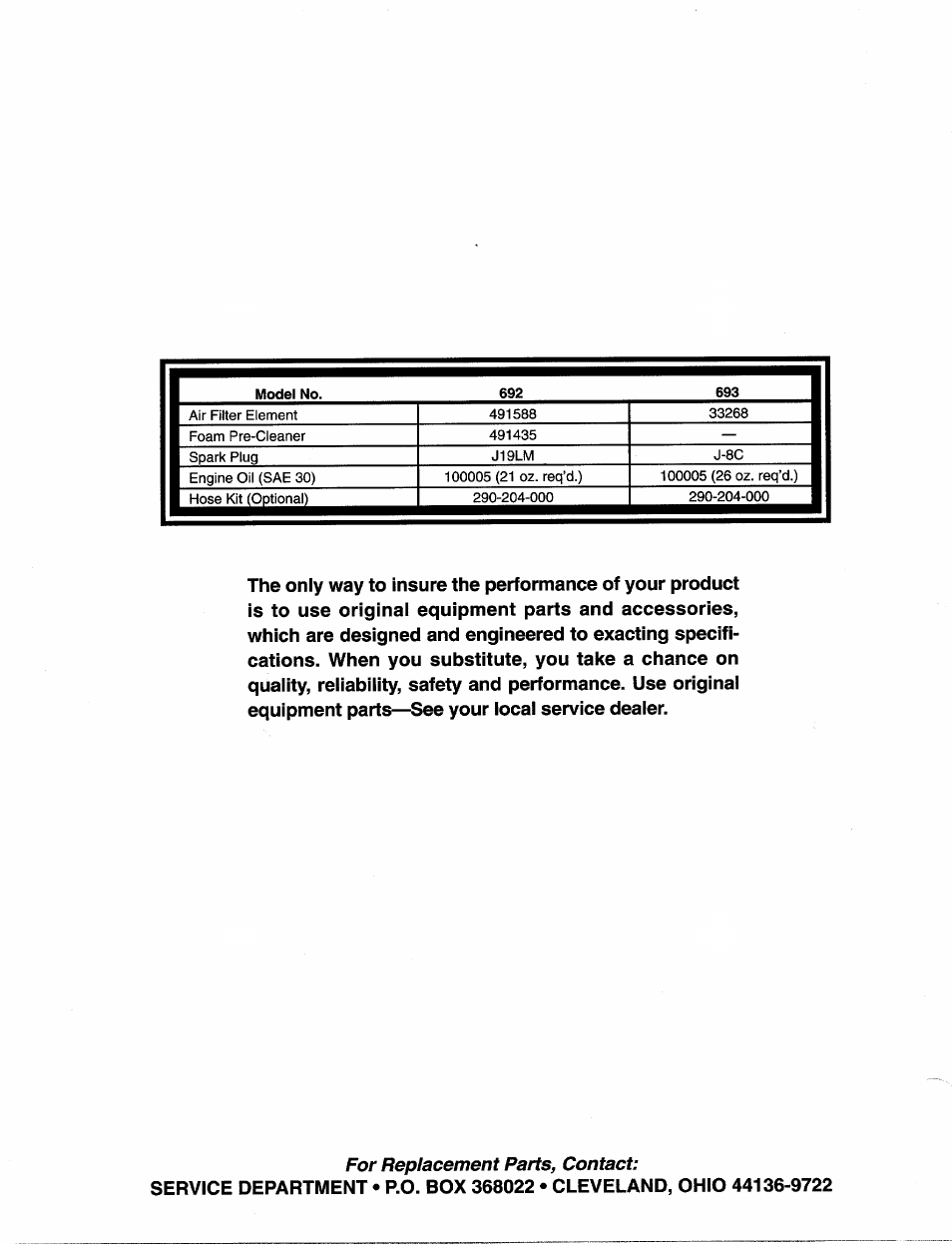 For replacement parts, contact | Bolens 692 and 693 User Manual | Page 6 / 6