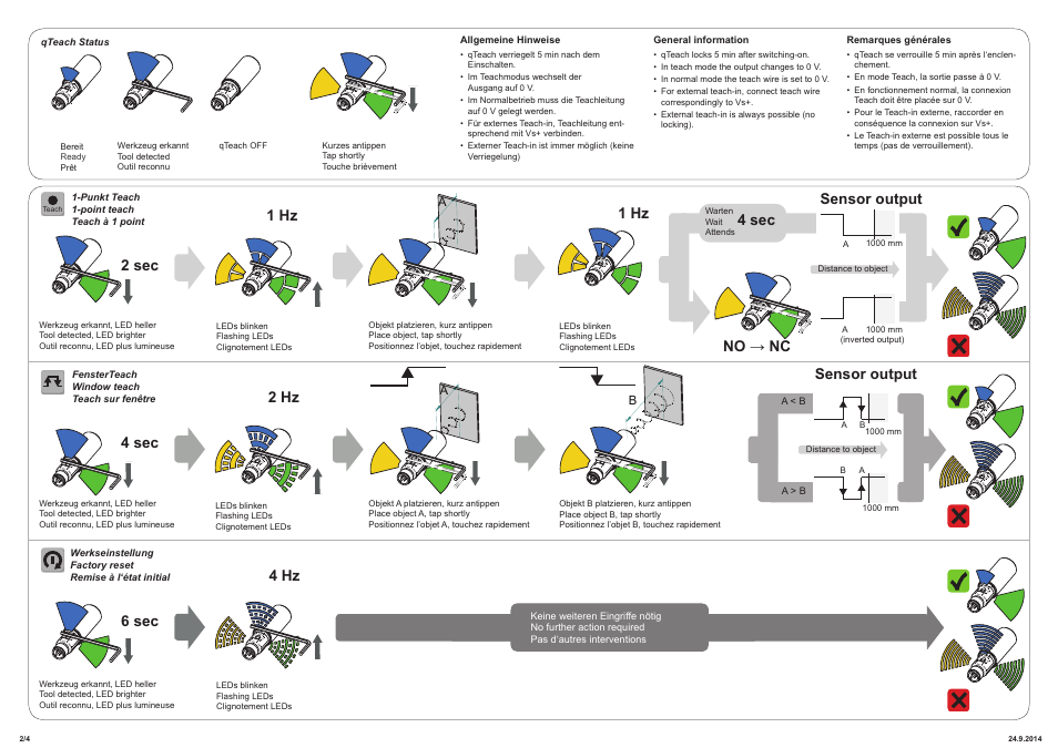 2 sec 1 hz 4 sec no → nc, 4 sec 2 hz 4 hz, 6 sec 1 hz | Sensor output | Baumer UR18.PA0-GP1B.7BO User Manual | Page 2 / 4