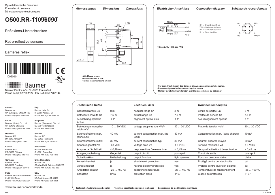 Baumer O500.RR-GL1Z.72O User Manual | 2 pages