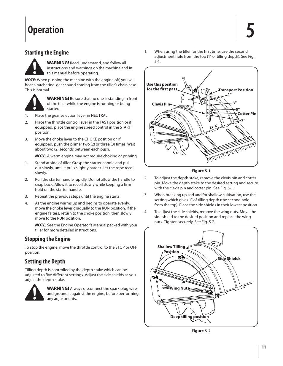 Operation, Starting the engine, Stopping the engine | Setting the depth | MTD 410 Series User Manual | Page 11 / 20