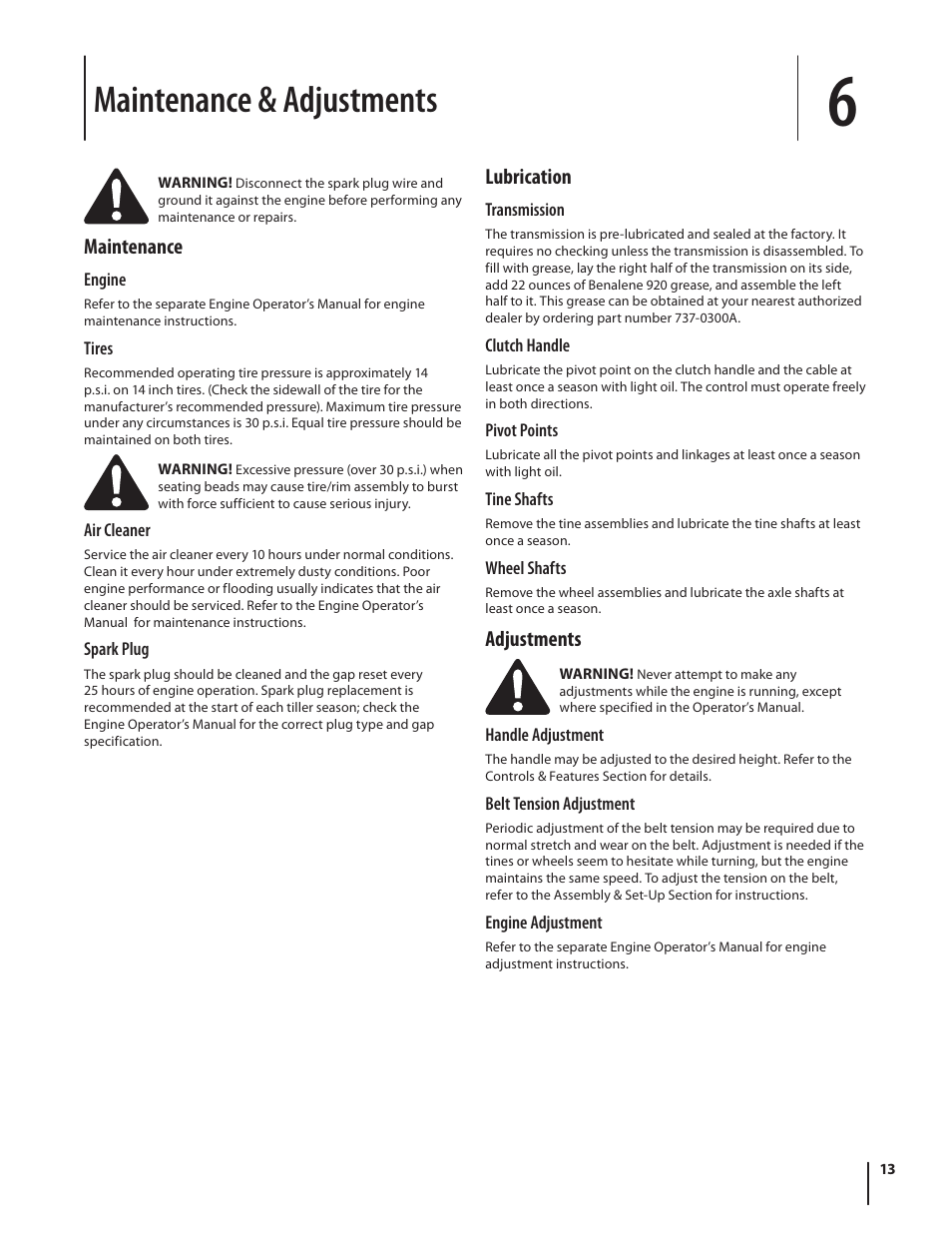 Maintenance & adjustments, Maintenance, Lubrication | Adjustments | MTD 410 Series User Manual | Page 13 / 20