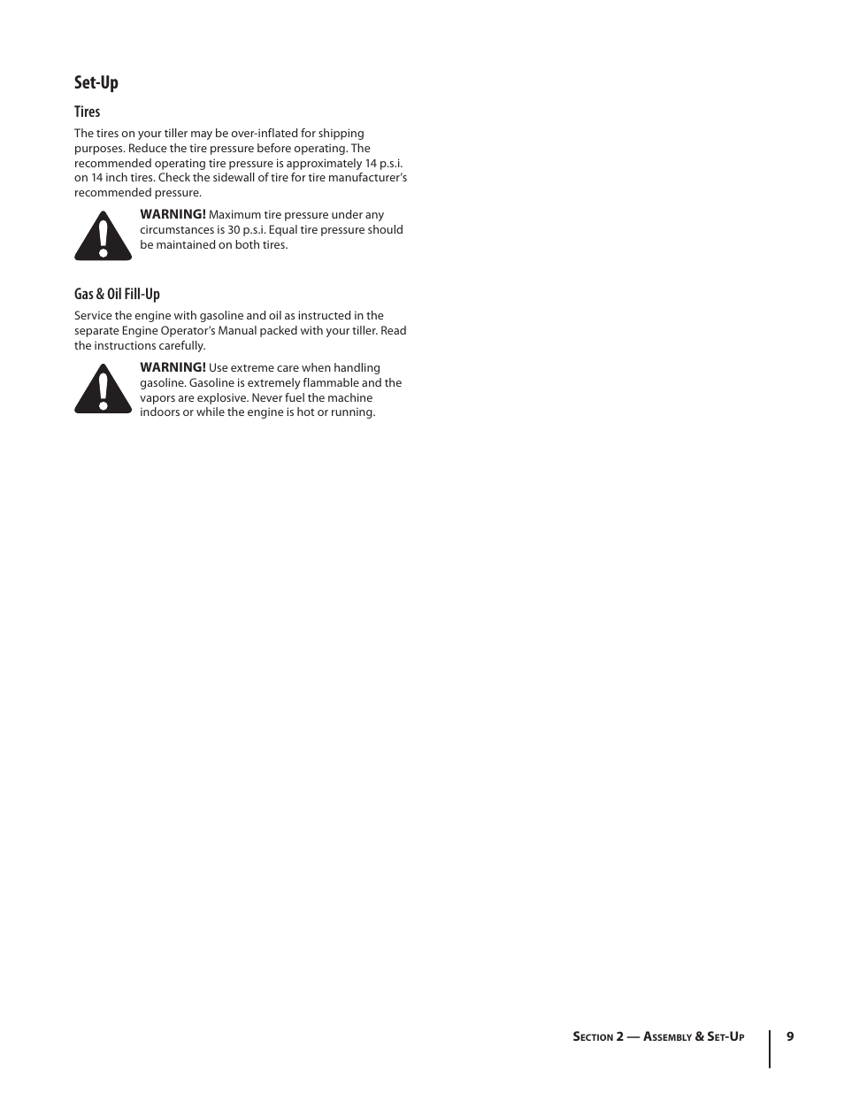 Set-up, Tires, Gas & oil fill-up | MTD 410 Series User Manual | Page 9 / 20