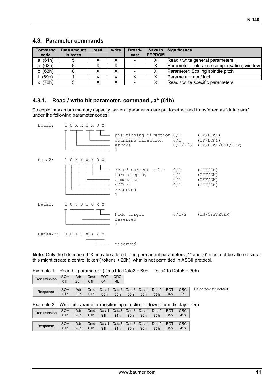 Parameter commands, Read / write bit parameter, command „a“ (61h) | Baumer N 140 User Manual | Page 11 / 19