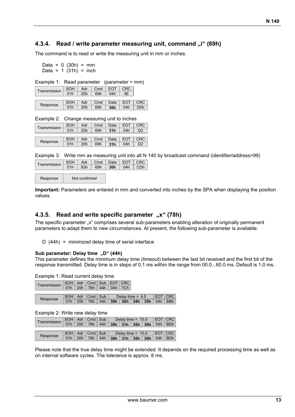 Read and write specific parameter „x“ (78h), N 140, Example 2: change measuring unit to inches | Example 2: write new delay time | Baumer N 140 User Manual | Page 13 / 19