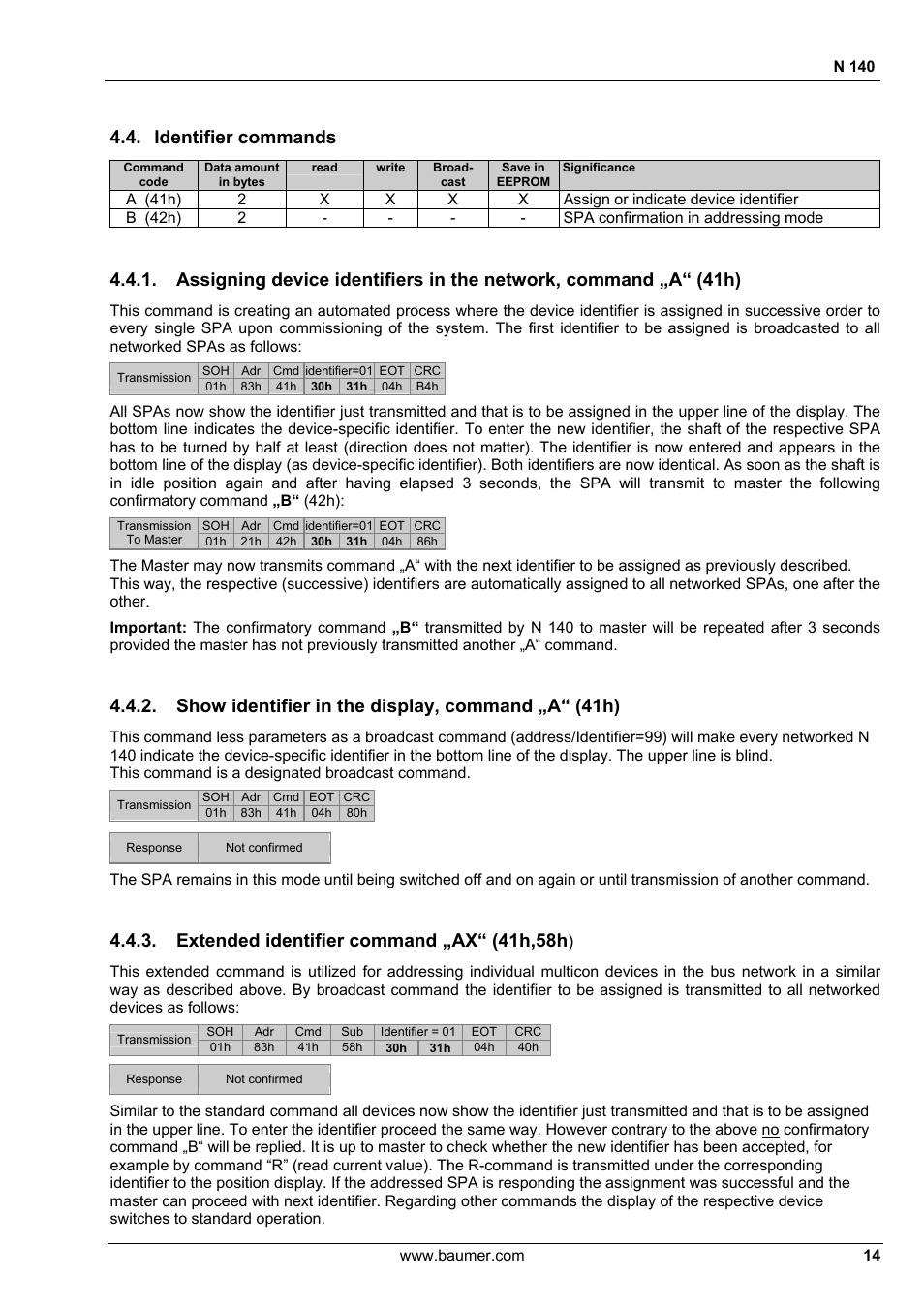 Identifier commands, Show identifier in the display, command „a“ (41h), Extended identifier command „ax“ (41h,58h | N 140 | Baumer N 140 User Manual | Page 14 / 19