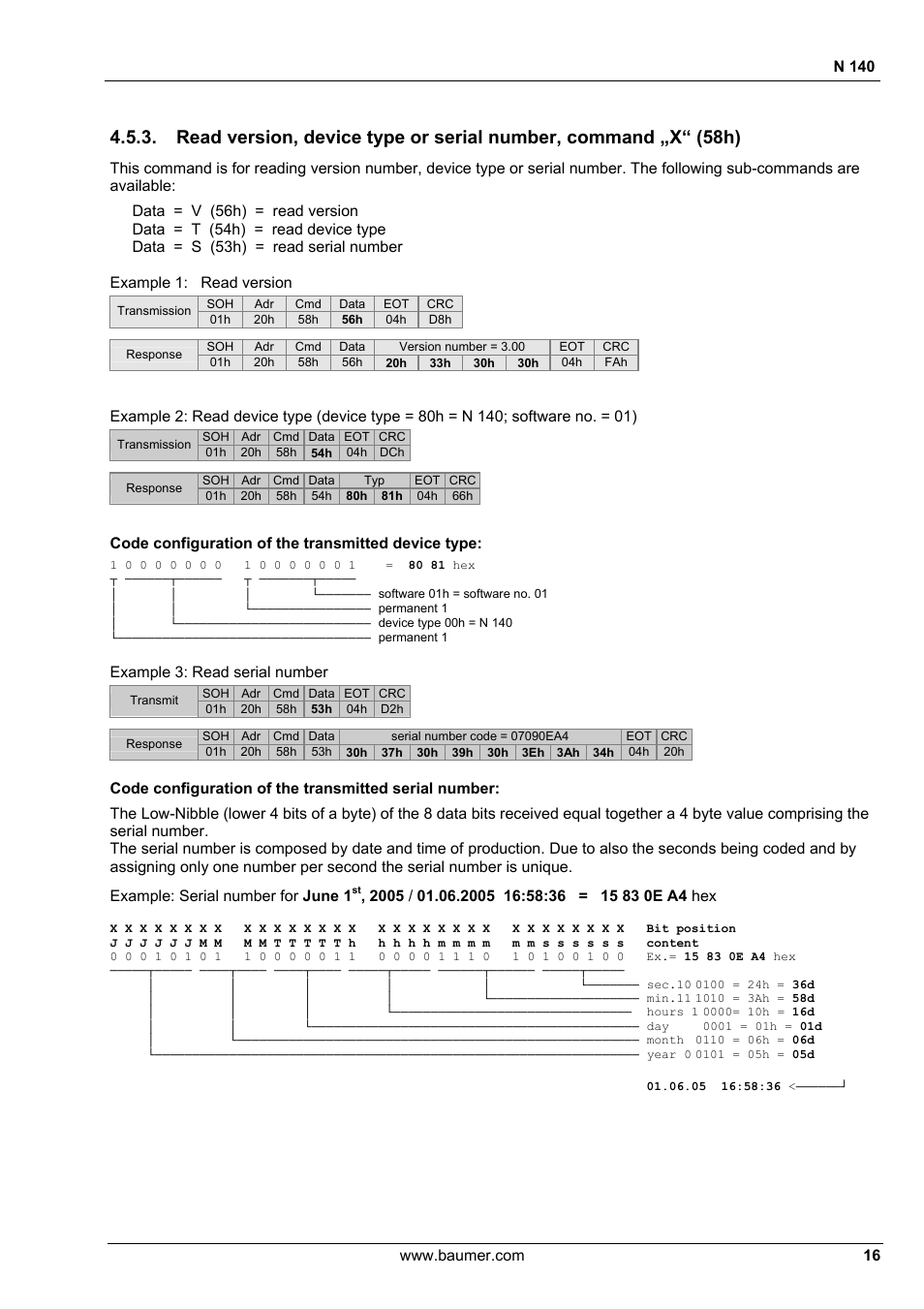N 140, Code configuration of the transmitted device type, Example 3: read serial number | Example: serial number for june 1 | Baumer N 140 User Manual | Page 16 / 19