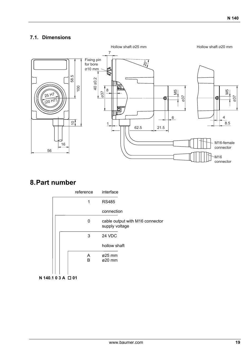 Part number, Dimensions | Baumer N 140 User Manual | Page 19 / 19