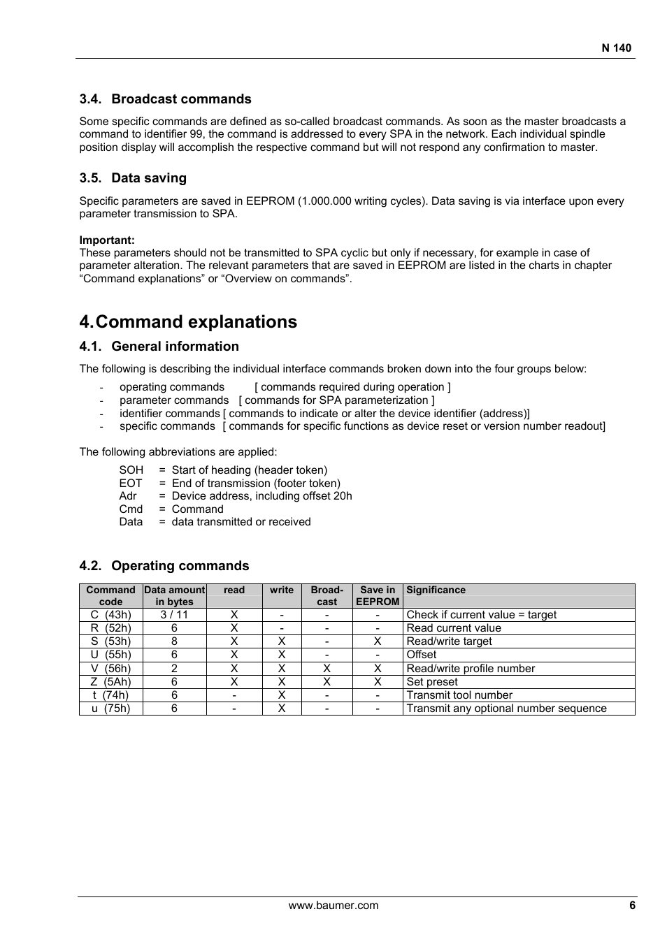 Command explanations, Broadcast commands, Data saving | General information, Operating commands | Baumer N 140 User Manual | Page 6 / 19