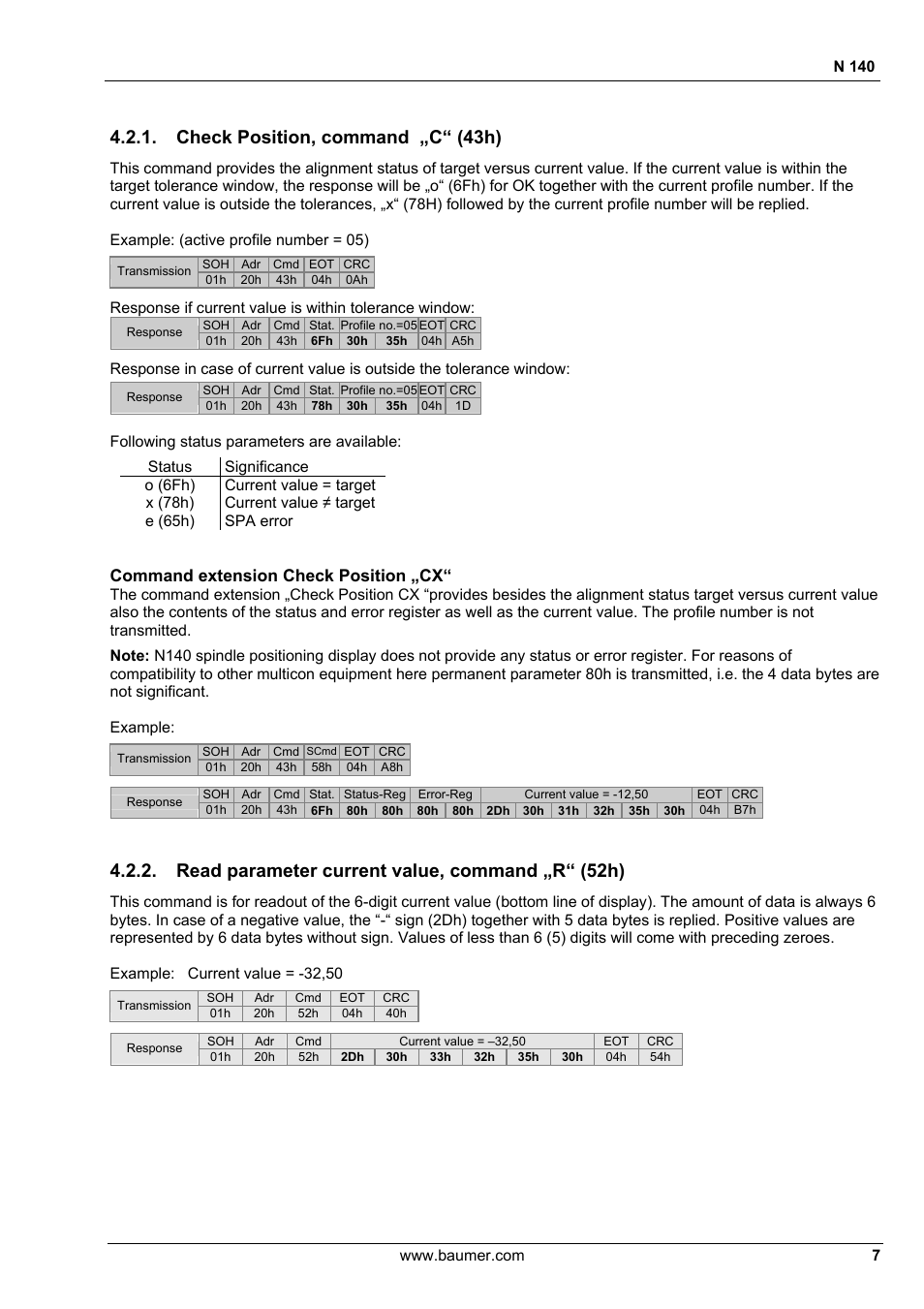 Check position, command „c“ (43h), Read parameter current value, command „r“ (52h), Command extension check position „cx | N 140, Following status parameters are available | Baumer N 140 User Manual | Page 7 / 19