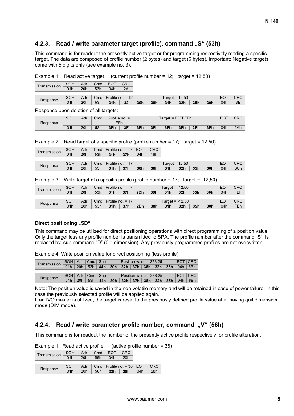N 140, Response upon deletion of all targets, Direct positioning „sd | Baumer N 140 User Manual | Page 8 / 19