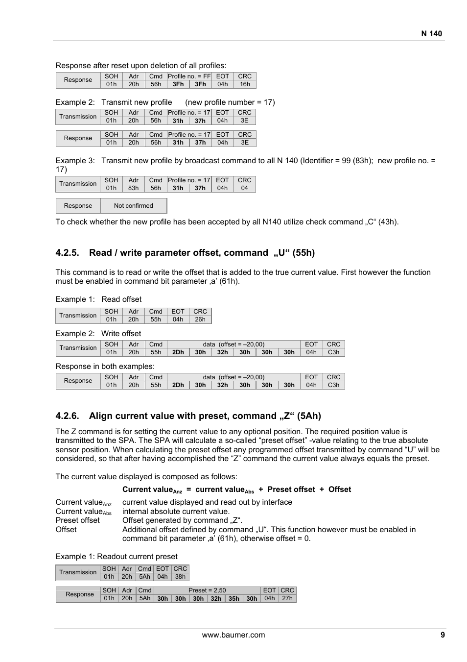 Read / write parameter offset, command „u“ (55h), Align current value with preset, command „z“ (5ah), N 140 | Example 2: write offset, Response in both examples, Current value, Preset offset + offset | Baumer N 140 User Manual | Page 9 / 19
