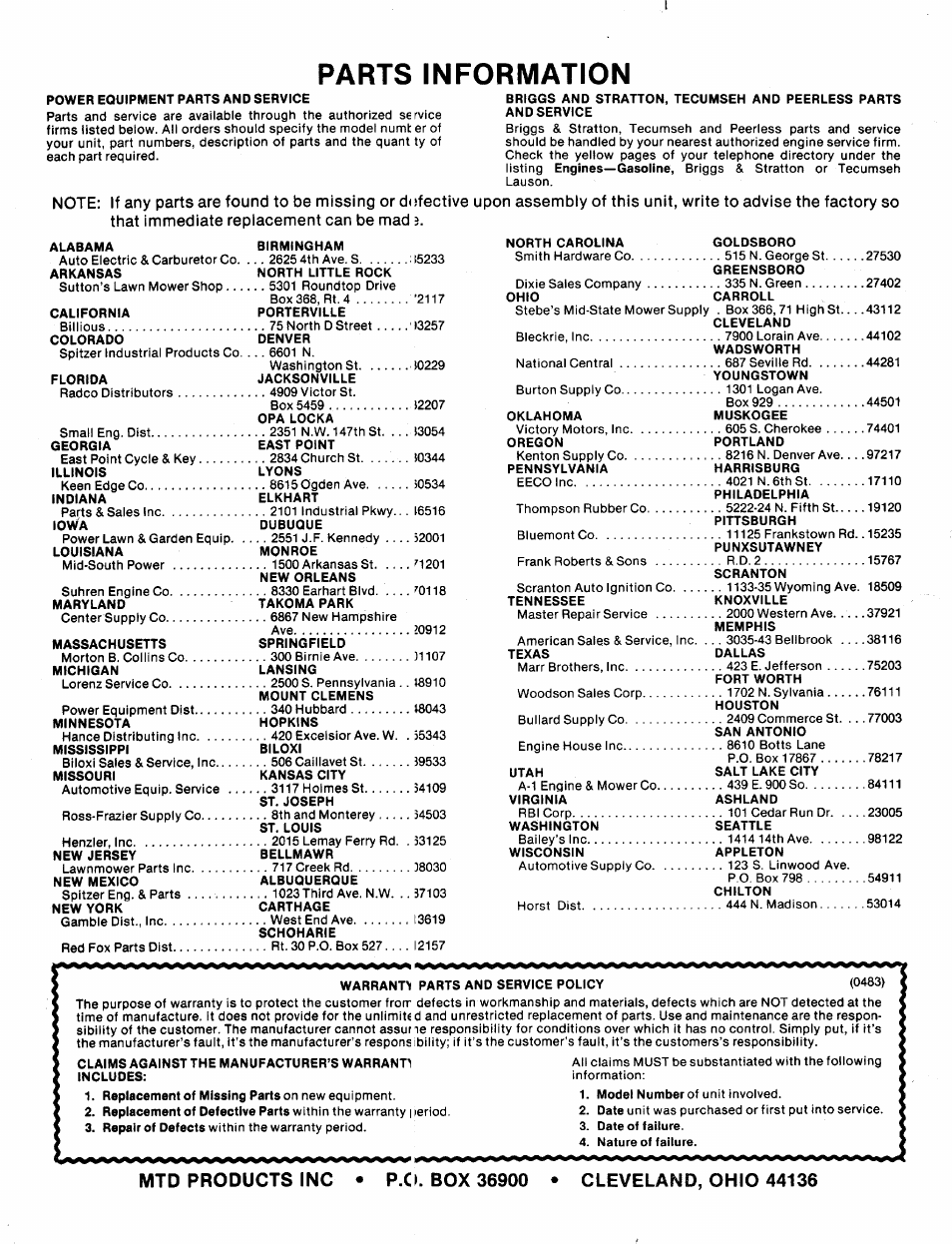 Parts information | Bolens 24695L User Manual | Page 12 / 12