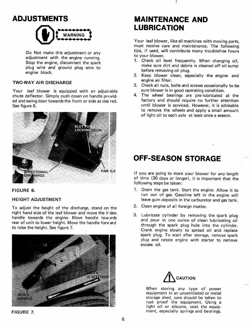 Adjustments, Maintenance and lubrication, Off-season storage | Maintenance and lubrication off-season storage | Bolens 24695L User Manual | Page 6 / 12