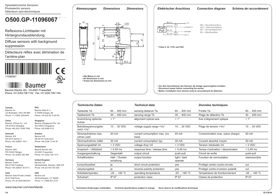 Baumer O500.GP-GW1B.72CU User Manual | 4 pages