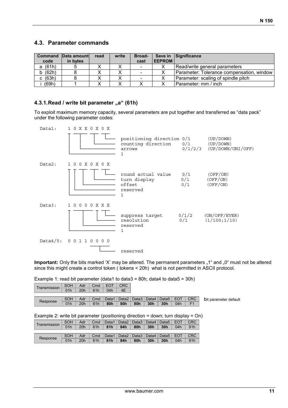 Parameter commands, Read / write bit parameter „a“ (61h) | Baumer N 150 User Manual | Page 11 / 21