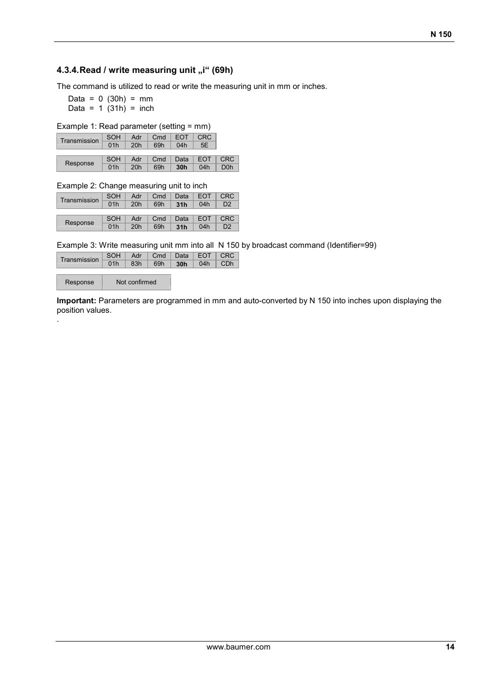 Read / write measuring unit „i“ (69h) | Baumer N 150 User Manual | Page 14 / 21