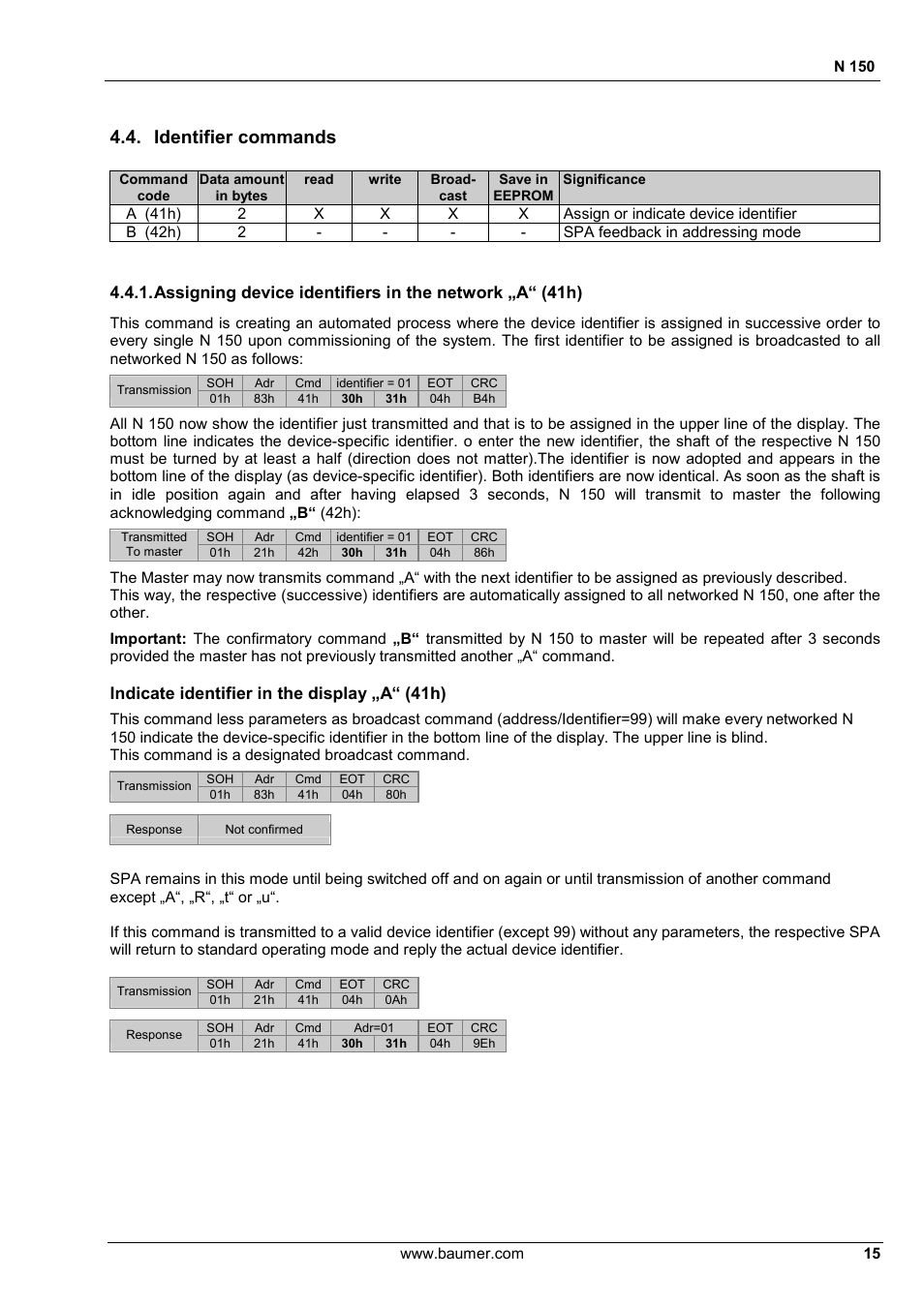 Identifier commands, Indicate identifier in the display „a“ (41h) | Baumer N 150 User Manual | Page 15 / 21