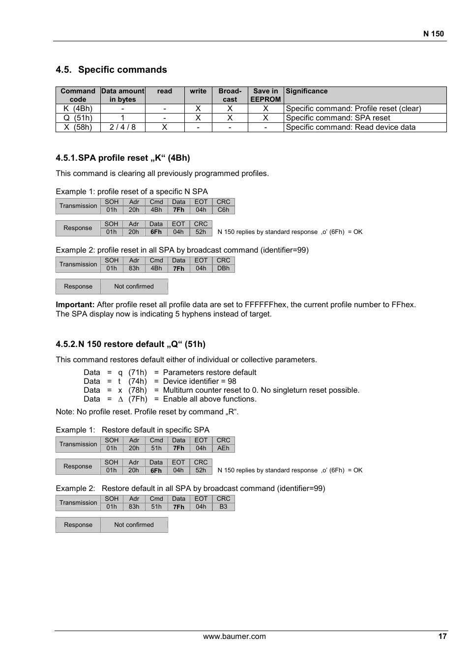 Specific commands, Spa profile reset „k“ (4bh) | Baumer N 150 User Manual | Page 17 / 21