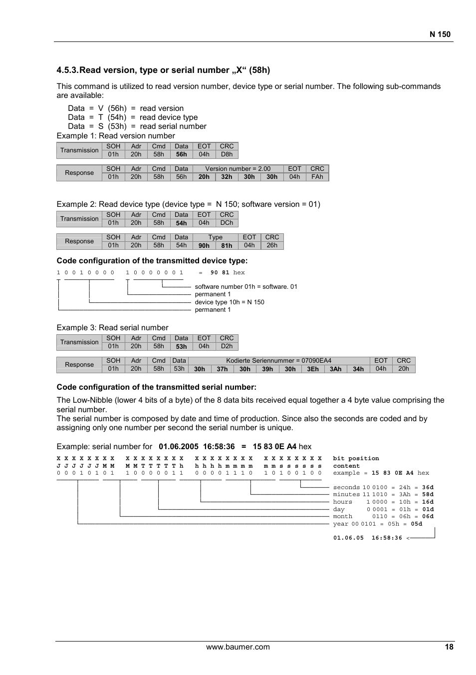 Read version, type or serial number „x“ (58h) | Baumer N 150 User Manual | Page 18 / 21