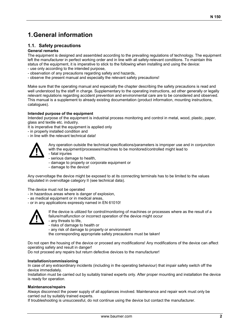 General information, Safety precautions | Baumer N 150 User Manual | Page 2 / 21
