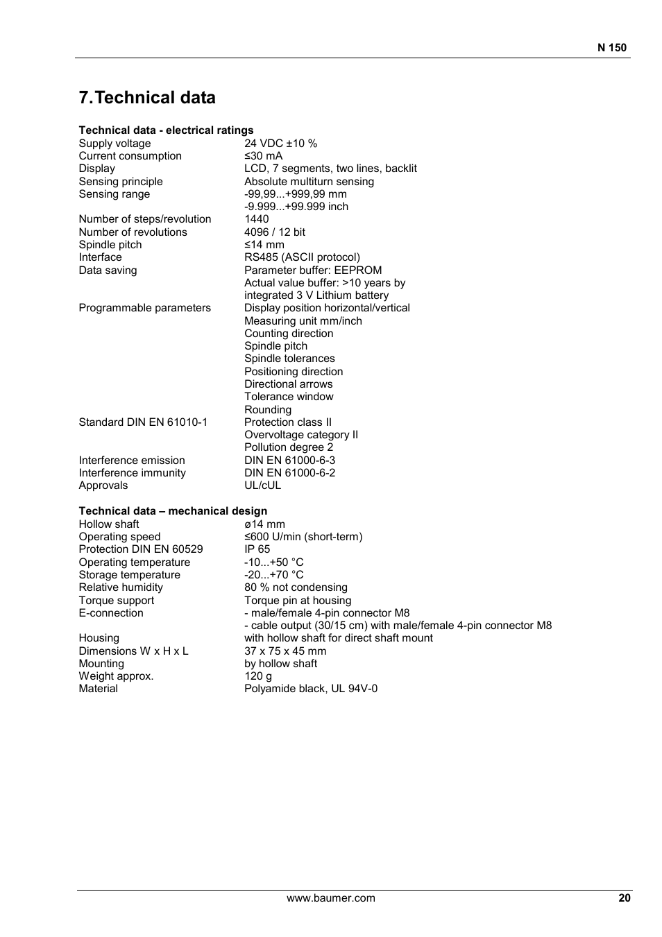 Technical data | Baumer N 150 User Manual | Page 20 / 21