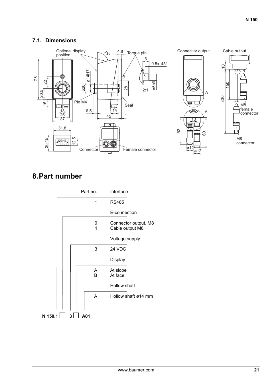 Part number, Dimensions | Baumer N 150 User Manual | Page 21 / 21